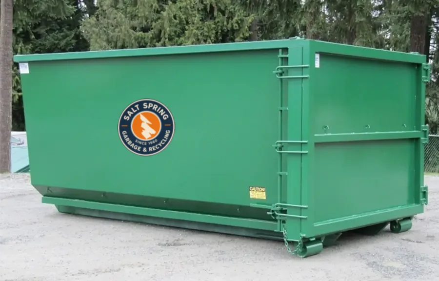Green Salt Spring Garbage roll-off rental bin with the company logo