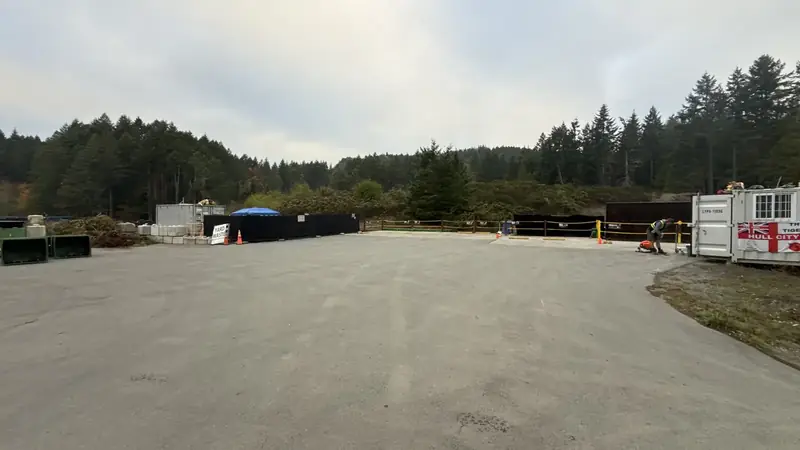 Wide view of the drop-off deck and yard at the Salt Spring Island transfer station, 360 Blackburn Rd